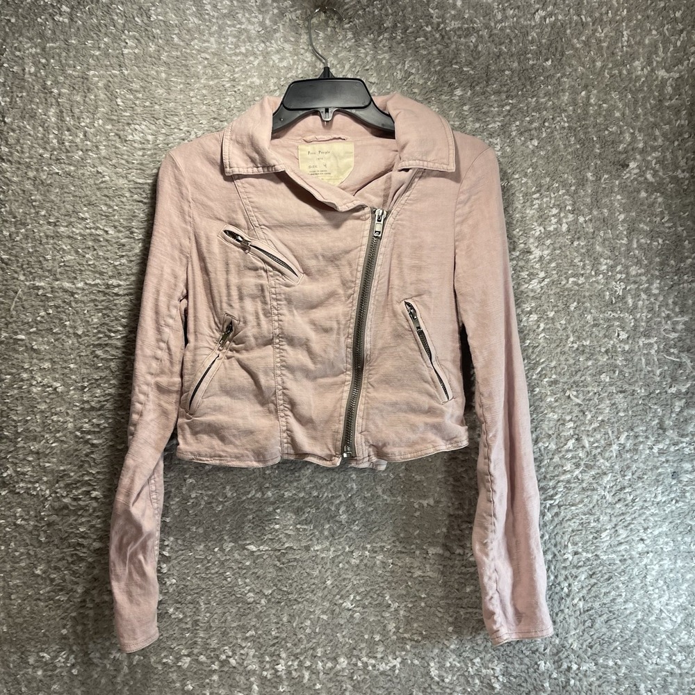 Free People‎ Slub Pink Linen Blend Crop Moto Zip Up Jacket Size 4 Coastal Preppy